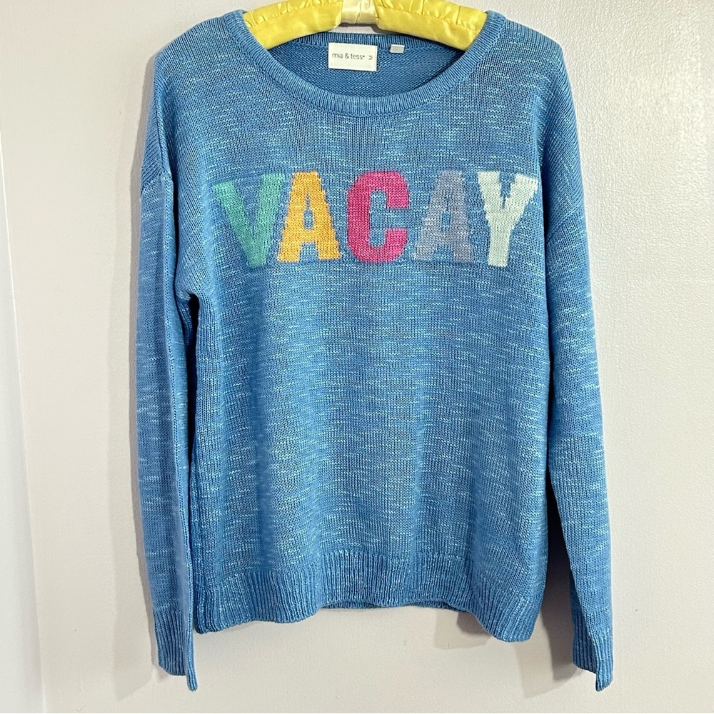 NWT Mia + Tess Medium Blue VACAY Sweater